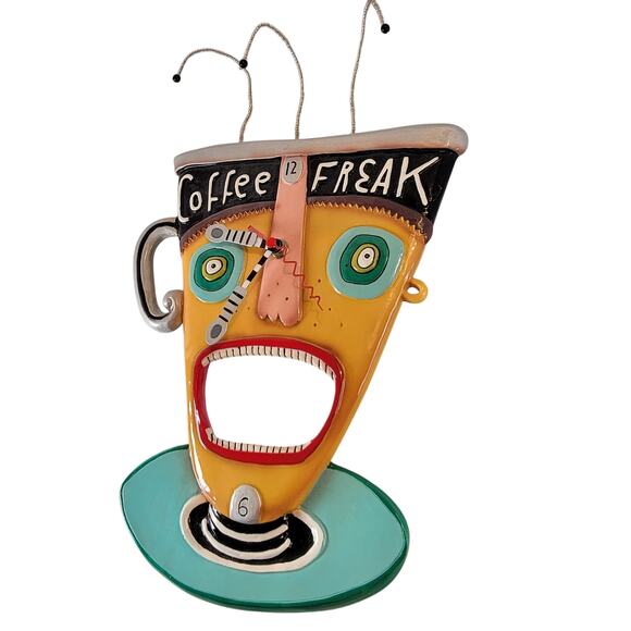Rare Allen Designs Coffee Freak Wall Clock Studio Art Funky Mug Face 13x9" Works - Picture 4 of 16